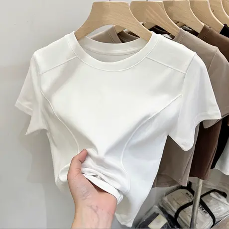 法式复古鱼骨正肩短袖T恤女夏天韩版修身小个子短款纯棉半袖上衣图片