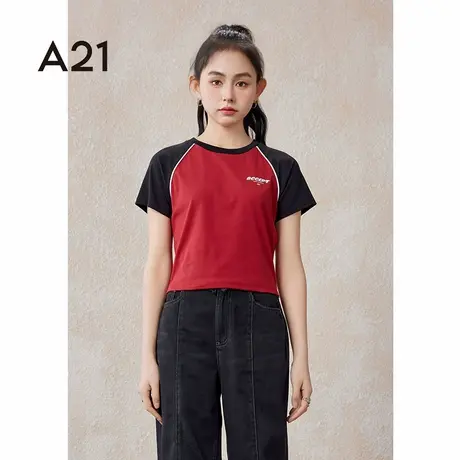 A21女装针织显瘦圆领插肩短袖T恤夏季美式撞色休闲运动潮牌打底衫商品大图