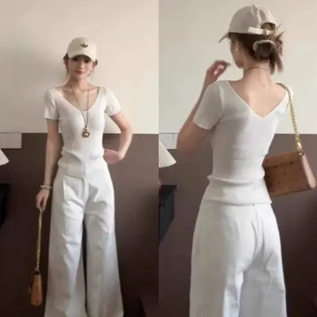 白色v领冰丝针织衫短袖t恤女夏季设计感修身短款独特漂亮掐腰上衣商品大图