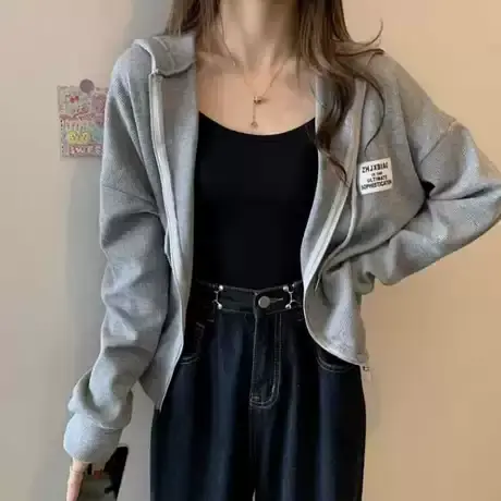 小个子短款连帽衫卫衣女春秋季薄款韩版宽松华夫格外套上衣学院风图片