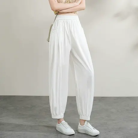 2025夏季新款薄款白色棉麻休闲裤高腰显瘦大码哈伦裤灯笼裤束脚裤商品大图