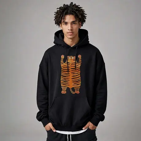 2025加肥加大码连帽美式重磅复古胖子男装宽松做旧卫衣纯棉春秋款商品大图