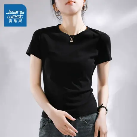 KMV真维斯黑色短袖t恤女2025夏季新款收腰显瘦小个子紧身短款体恤图片