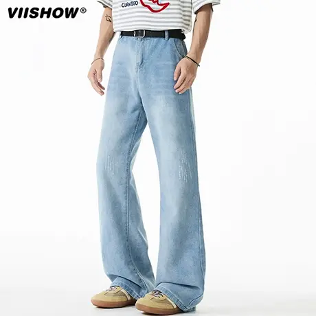 VIISHOW潮牌浅蓝色牛仔裤男款美式水洗做旧休闲裤垂感直筒微喇裤图片