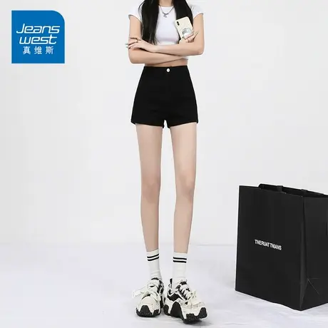 KP真维斯女装黑色牛仔短裤2024夏季高腰百搭修身显瘦休闲a字热裤商品大图