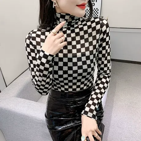 加绒高领打底衫女秋冬洋气撞色格子长袖T恤内搭性感网纱修身上衣商品大图