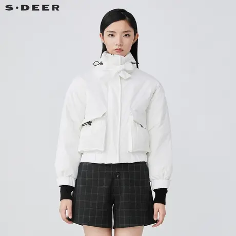 sdeer圣迪奥2021秋冬新品系带高领抽绳短款白色羽绒服女S21462424图片