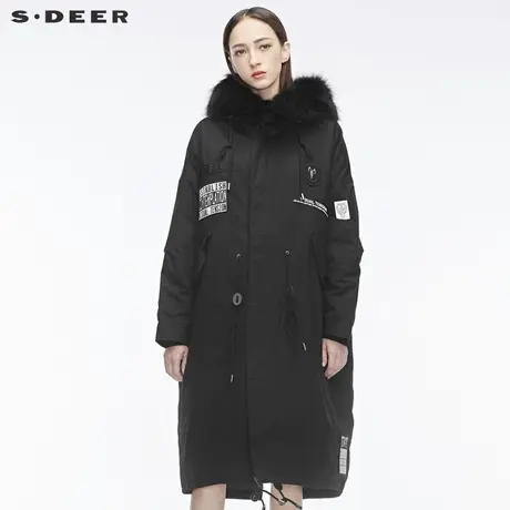 sdeer圣迪奥冬装韩版字母刺绣工装毛领中长羽绒服女S18482453商品大图