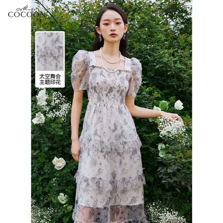 missCOCOON法式方领碎花网纱连衣裙女2023新款夏季泡泡袖气质裙子图片