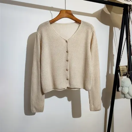 镂空针织开衫女春夏新款韩版v领显瘦打底衫短款长袖气质上衣外套商品大图