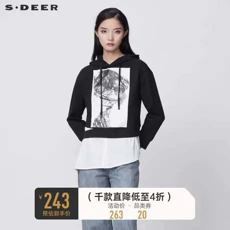 sdeer圣迪奥女装春秋装抽绳连帽撞色印花衬衫拼接卫衣S21382212🤲商品大图