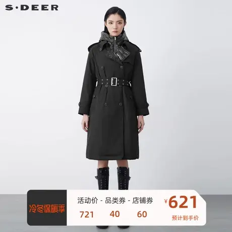 sdeer圣迪奥女装个性高领连帽双排扣收腰长款羽绒服S21482425😟商品大图