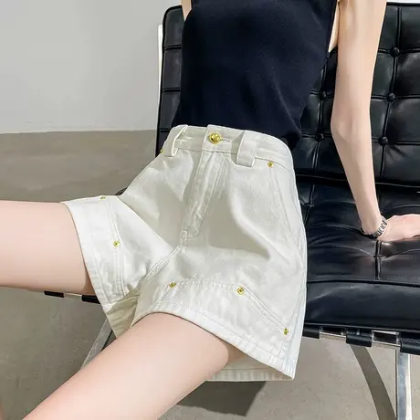 纯棉白色牛仔短裤女夏季薄款外穿宽松显瘦高腰铆钉a字版阔腿热裤商品大图