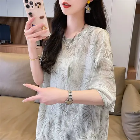 冰丝薄款短袖t恤女夏季韩版宽松大码女装中长款速干运动休闲上衣图片