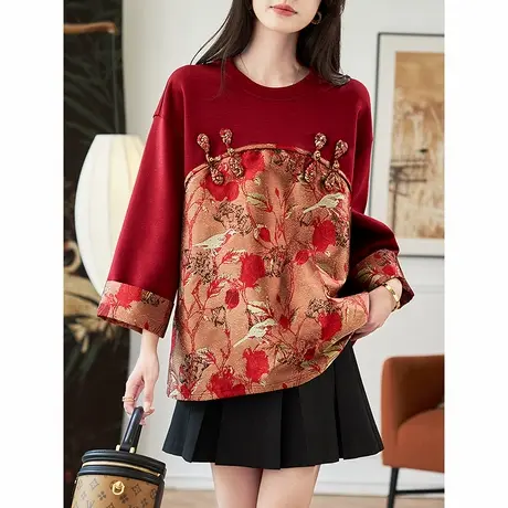 宝诗黎圆领提花拼接宽松卫衣2025春季新中式国风百搭休闲上衣女商品大图