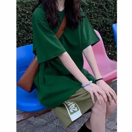 潮牌重磅墨绿色短袖t恤2025纯色夏季oversize宽松半袖纯棉上衣服图片