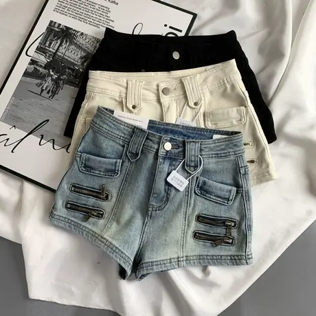 韩版拉链设计感牛仔短裤女2025春季新款弹力包臀a字阔腿辣妹热裤商品大图