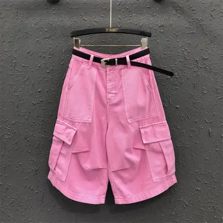 洋气多巴胺糖果色减龄工装裤女25夏季新款高腰宽松直筒牛仔五分裤图片