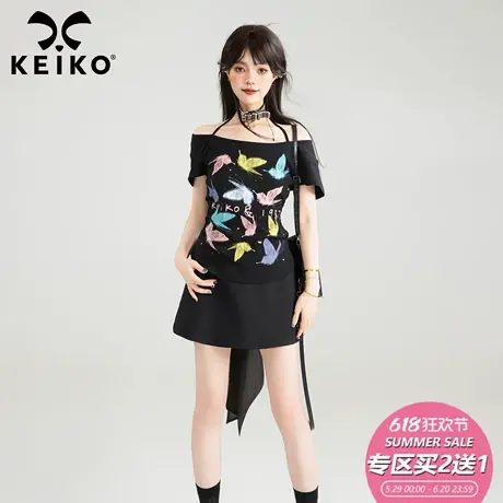 KEIKO 一字领蝴蝶印花短袖t恤女25夏季美式辣妹性感收腰显瘦上衣图片
