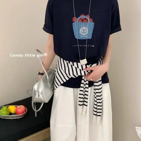 韩国2025夏季新款水果印花雪花棉短袖T恤女宽松百搭休闲圆领上衣商品大图