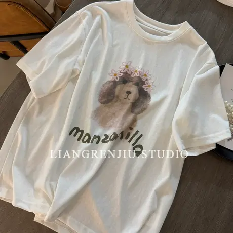 竹节棉。花环小狗。透气舒适。盛夏可选数码印花柔软短袖T恤D商品大图