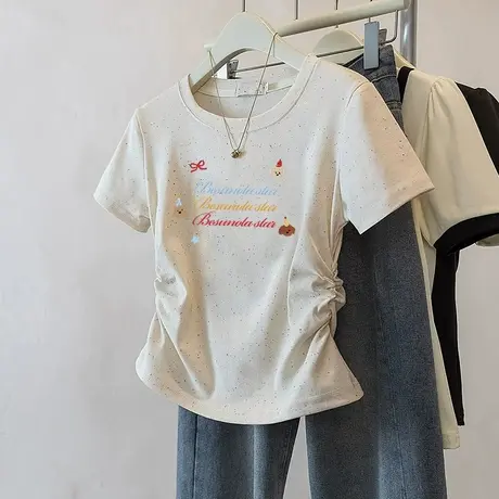 潮流短款小个子收腰t恤女2025新款彩虹波点褶皱修身短袖减龄上衣图片