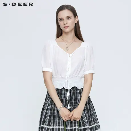 sdeer圣迪奥夏装V领绑带收腰泡泡袖雪纺衬衫女S21260422图片