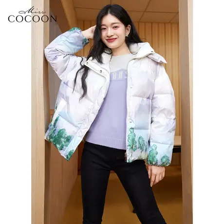 missCOCOON风景印花羽绒服女2022新款冬季加厚白鸭绒连帽休闲外套图片