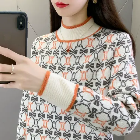 女士毛衣2023秋冬新款半高领宽松提花长袖加厚针织打底衫内搭洋气图片
