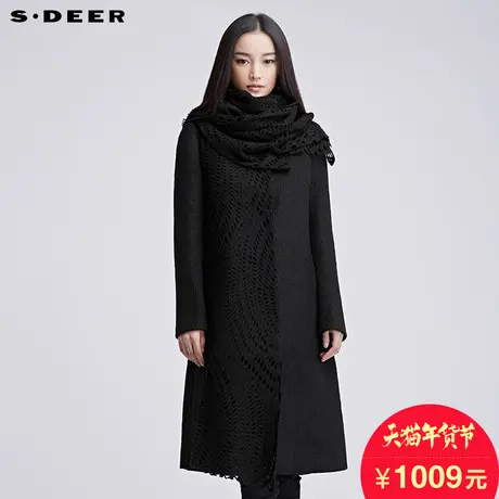sdeer圣迪奥17冬装镂空拼接可拆围巾肌理毛呢大衣外套女S16481887图片