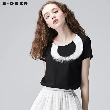 sdeer圣迪奥2018夏装酷感喷漆印花简约黑色短袖圆领T恤S17280126图片