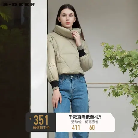 sdeer圣迪奥秋冬休闲高领罗纹拼接短款羽绒服女S21462452图片