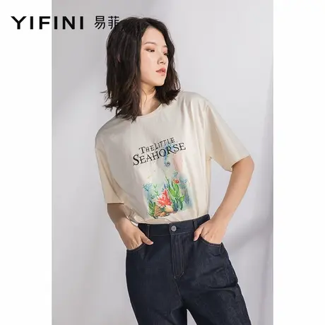 Yifini/易菲宽松百搭T恤女夏季新款动物风景印花上衣套头衫图片