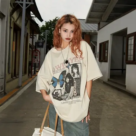 YEP蝴蝶印花短袖t恤女2025新款美式复古夏季半袖ins潮牌宽松上衣图片