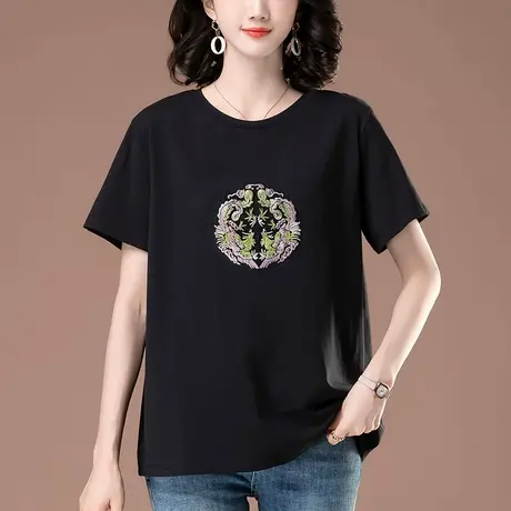 短袖t恤女夏季新款加大码女装宽松中年妈妈国潮纯棉刺绣半袖体恤图片