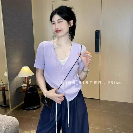 假两件冰丝针织短袖t恤女夏季韩系小个子短款设计感独特漂亮上衣图片