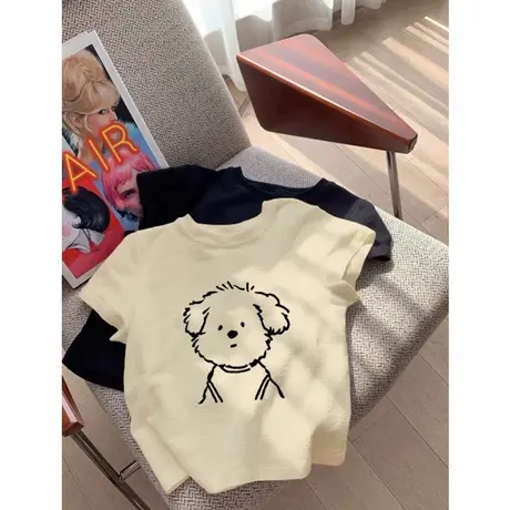 杏色小狗印花短袖T恤上衣女夏季百搭修身短款小飞袖打底衫体恤潮图片