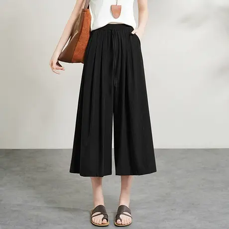 2025夏季新款薄款黑色显瘦百搭阔腿裤女小个子七分直筒裤宽松裙裤图片