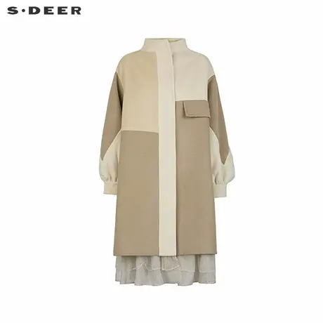 sdeer圣迪奥女装立领撞色拼接网纱长款大衣S244Z2508图片