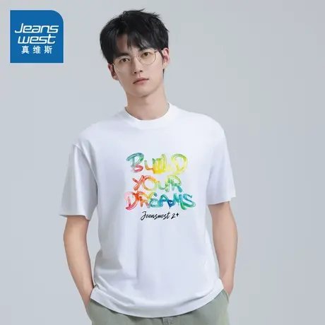 V6真维斯男装2025春季新款 潮流彩色英文印花短袖纯棉宽松T恤上衣商品大图