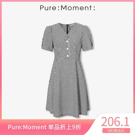 Pure:Moment:新款V领格子收腰显瘦连衣裙中长款裙子4A5191261商品大图