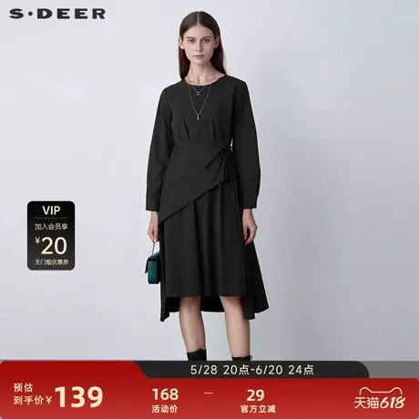 【sdeer奥莱】圣迪奥女装圆领系带拼接不规则长袖连衣裙S22161209图片