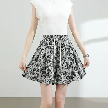 复古腰果花短裤女夏季薄款高腰宽松显瘦a字大码阔腿印花休闲热裤商品大图