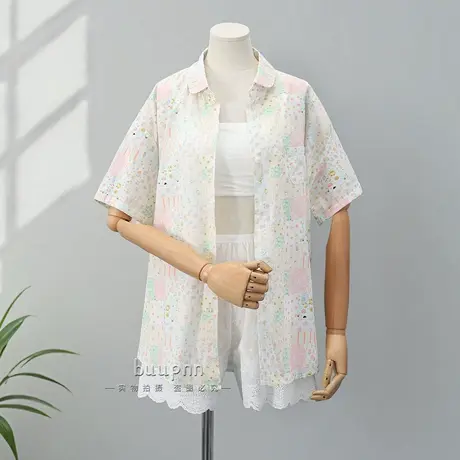 薄棉碎花衬衫女夏季宽松休闲短袖衬衣上衣送一片式抹胸商品大图