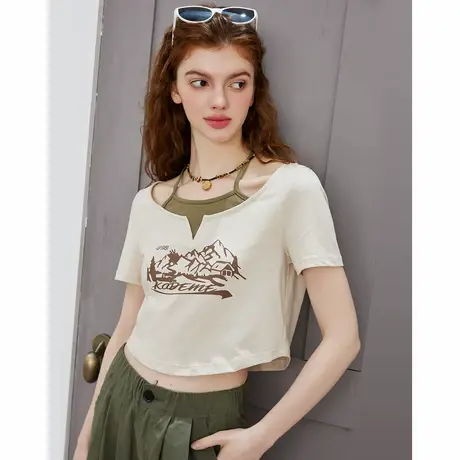 【性感挂脖】简约撞色假两件设计感纯棉女式T恤夏季短款图片