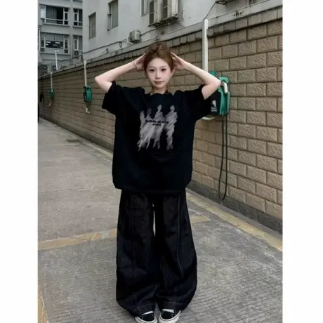 美式复古纯棉黑色短袖t恤女2025年新款夏季宽松设计感半袖上衣服商品大图