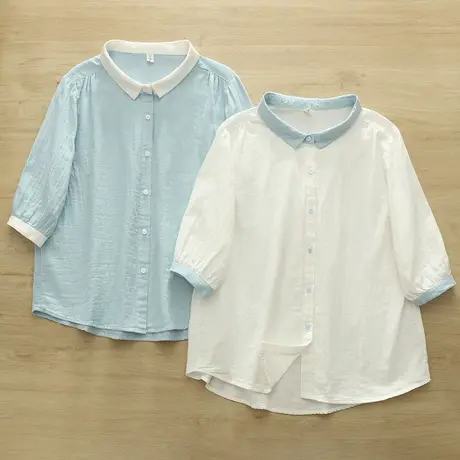 夏季韩版文艺小清新双层纱纯棉中袖衬衫女宽松休闲五分袖拼色上衣商品大图
