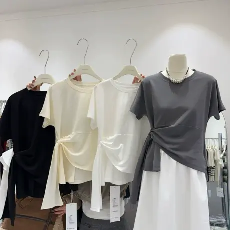 韩版ins潮小心机设计感交叉收腰显瘦圆领短袖女T恤洋气上衣百搭图片