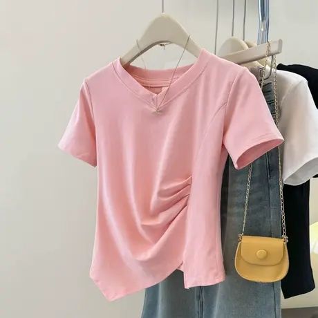 夏季2025新款不规则下摆短袖T恤女修身韩版百搭V领正肩褶皱上衣潮商品大图