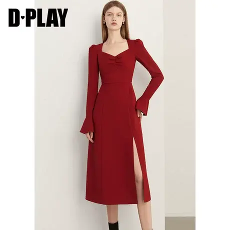 DPLAY2023冬法式复古果酱红宫廷领喇叭袖开衩敬酒服回门服订婚服商品大图